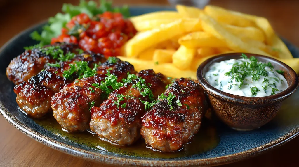 Eine Portion saftige Cevapcici mit Pommes, Joghurtcreme und frischen Kräutern