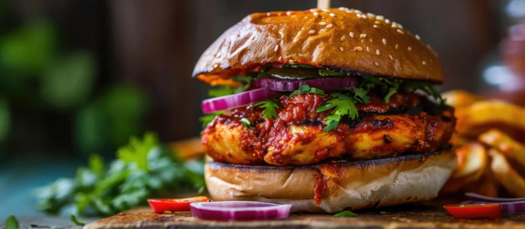 Ein saftiger Burger mit gegrilltem Hähnchen, roten Zwiebeln und frischen Kräutern