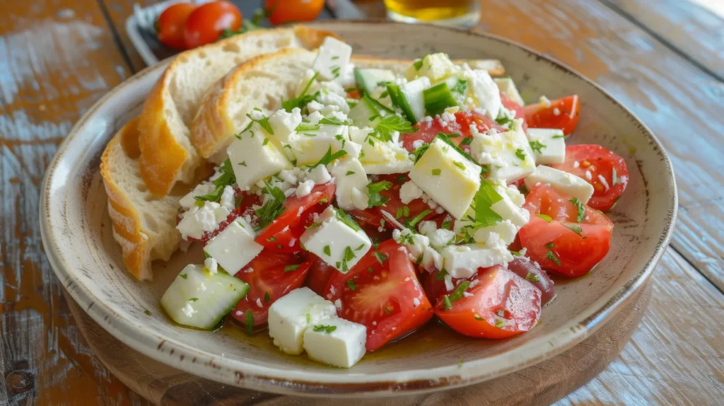 Ein Teller mit frisch geschnittenem Tomaten Feta Salat und Brot auf einem Holztisch